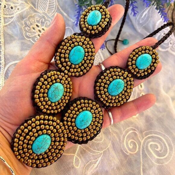 Turquoise Gold & Brown Medallion Handcrafted Crochet Necklace 22" 24" - Picture 13 of 13